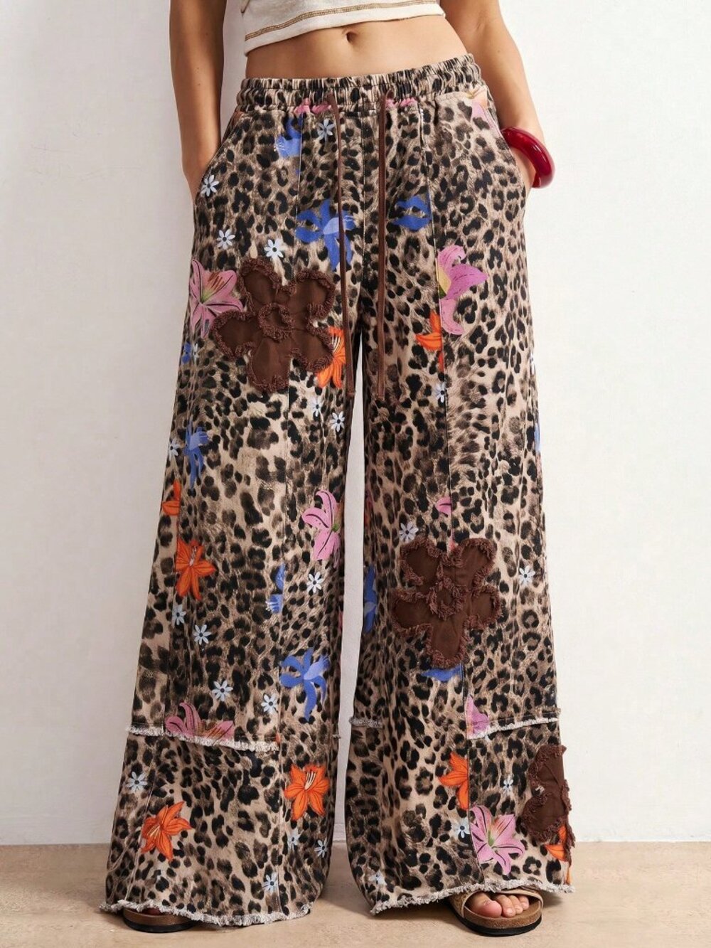 Khaki Casual Women's Vacation Boho Leopard Print Floral Wide Leg Long Pants - Picture 6 of 7